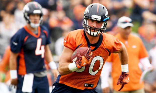 Tight end Jake Butt #80 turns up field after a catch on Day 2 of Denver Broncos training camp at th...