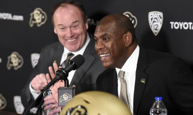 University of Colorado Athletic Director, Rick George, left, and new Colorado football coach, Mel T...