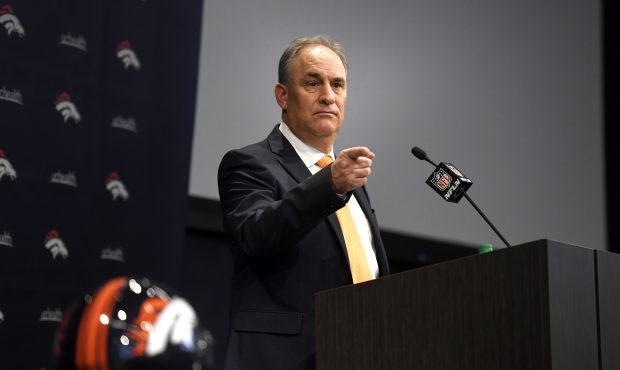Head Coach Vic Fangio calling for questions from the media after being introduced as the 17th head ...