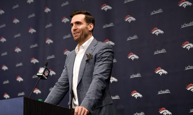 The Denver Broncos introduced their new quarterback Joe Flacco during a press conferences at the UC...