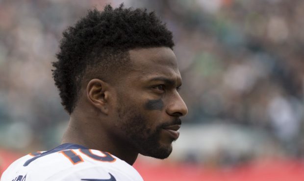 PHILADELPHIA, PA - NOVEMBER 5: Emmanuel Sanders #10 of the Denver Broncos looks on prior to the gam...