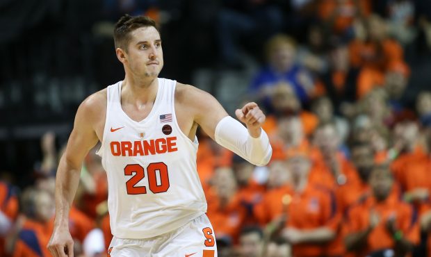 Tyler Lydon #20 of the Syracuse Orange reacts after hitting a three pointer against the South Carol...