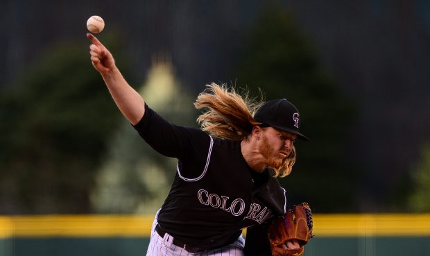 DENVER, CO - APRIL 8:  Jon Gray #55 of the Colorado Rockies pitches against the Los Angeles Dodgers...