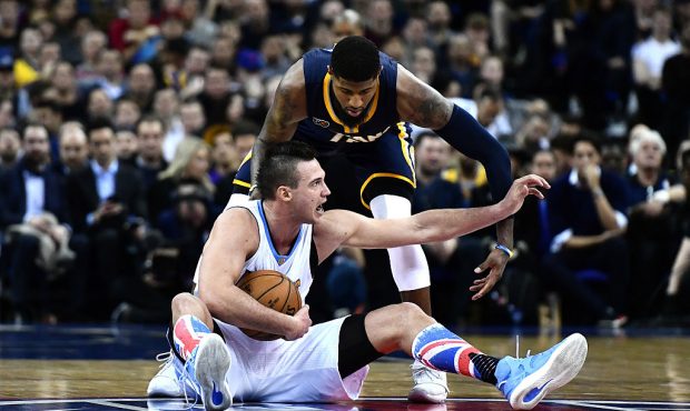 LONDON, ENGLAND - JANUARY 12:  Danilo Gallinari #8 of the Denver Nuggets and Paul George #13 of the...