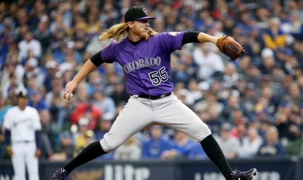MILWAUKEE, WI - APRIL 03:  Jon Gray #55 of the Colorado Rockies pitches in the first inning against...
