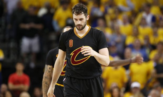 OAKLAND, CA - JUNE 12: Kevin Love #0 of the Cleveland Cavaliers reacts against the Golden State War...