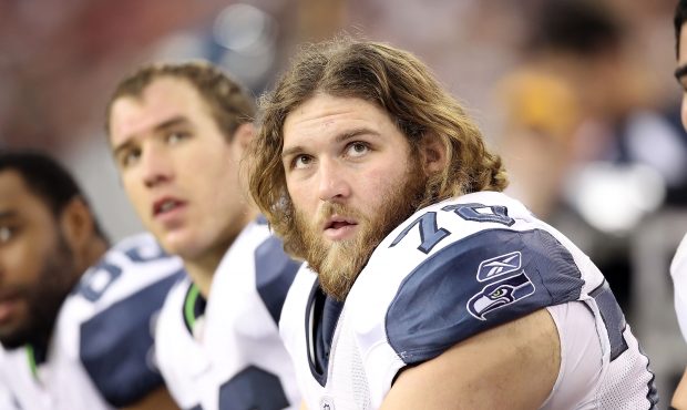 GLENDALE, AZ - JANUARY 01:  Offensive tackle Allen Barbre #78 of the Seattle Seahawks watches from ...