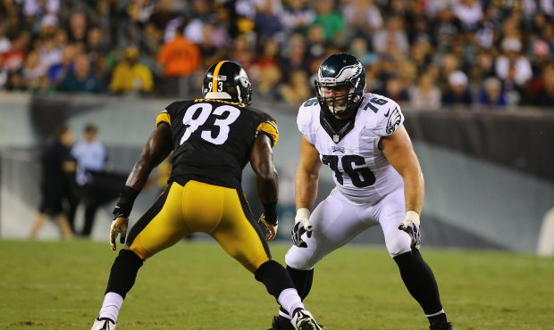 Allen Barbre #76 of the Philadelphia Eagles in action against Jason Worilds #93 of the Pittsburgh S...