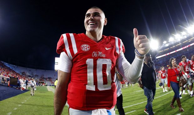 OXFORD, MS - OCTOBER 01: Chad Kelly #10 of the Mississippi Rebels celebrates after a game against t...