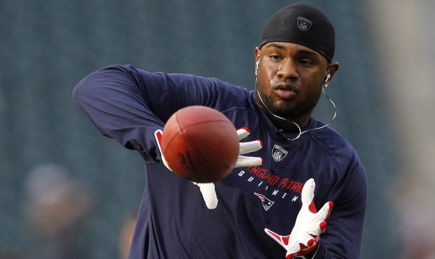 Stevan Ridley #22 of the New England Patriots catches a pass during warm ups before the start of th...