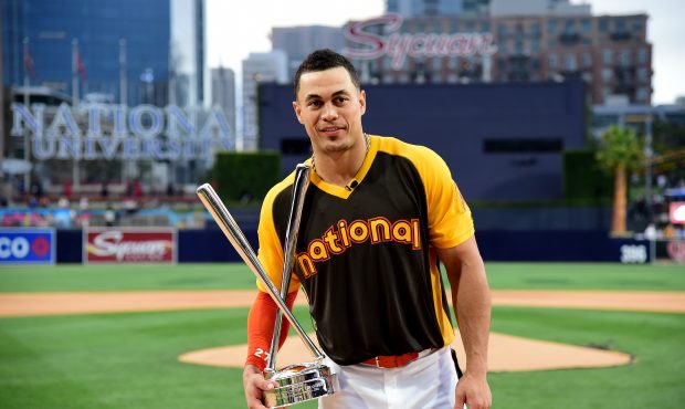 Giancarlo Stanton of the Miami Marlins celebrates after winning the T-Mobile Home Run Derby at PETC...