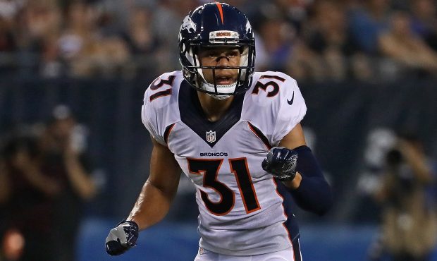 Justin Simmons #31 of the Denver Broncos checks a formation against the Chicago Bears at Soldier Fi...