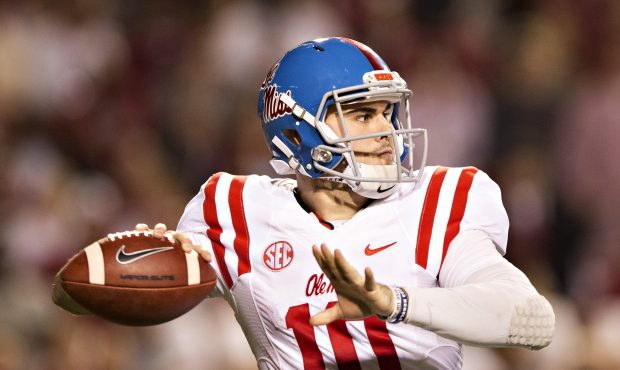 FAYETTEVILLE, AR - OCTOBER15:  Chad Kelly #10 of the Mississippi Rebels throws a pass during a game...
