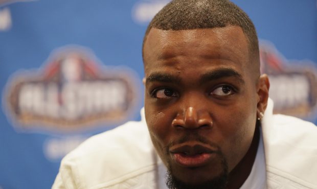 Paul Millsap #4 of the Atlanta Hawks speaks with the media during media availability for the 2017 N...