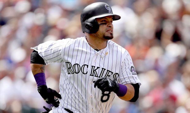 Gerardo Parra #8 of the Colorado Rockies hist a 2 RBI home run in the fourth inning against the San...