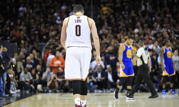 CLEVELAND, OH - JUNE 07: Kevin Love #0 of the Cleveland Cavaliers reacts late in the game against t...