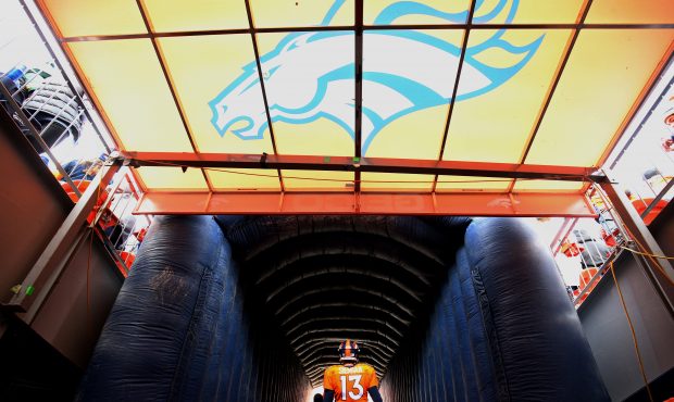Quarterback Trevor Siemian #13 of the Denver Broncos waits to take the field before the game agains...