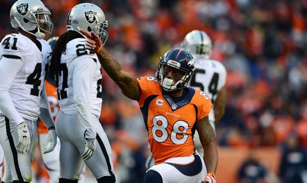 DENVER, CO - JANUARY 1:  Wide receiver Demaryius Thomas #88 of the Denver Broncos celebrates a catc...