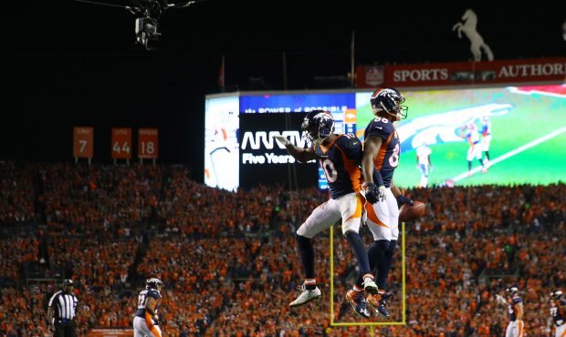 DENVER, CO - OCTOBER 24:  Wide receiver Demaryius Thomas #88 of the Denver Broncos celebrate a touc...