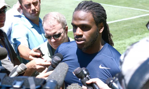 Denver Broncos running back Jamaal Charles speaks to the media following Day 2 of the team's 2017 t...