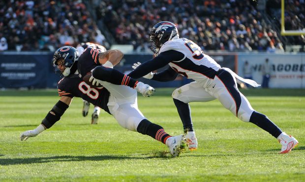 CHICAGO, IL - NOVEMBER 22:   Zach Miller #86 of the Chicago Bears makes a catch against  Von Miller...