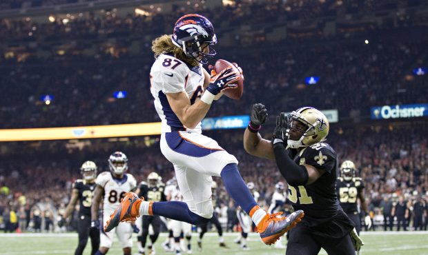 NEW ORLEANS, LA - NOVEMBER 13:  Jordan Taylor #87 of the Denver Broncos catches a touchdown pass du...