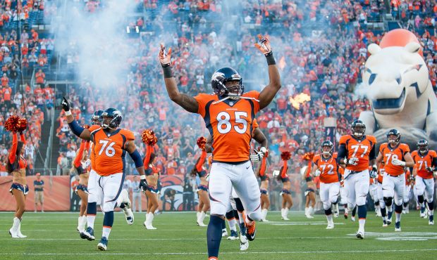 DENVER, CO - AUGUST 20:  Tight end Virgil Green of the Denver Broncos runs onto the field during th...