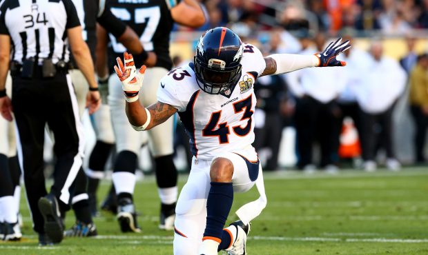 SANTA CLARA, CA - FEBRUARY 07:  T.J. Ward #43 of the Denver Broncos reacts after a play against the...