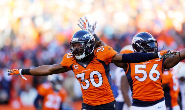 DENVER, CO - JANUARY 12:  David Bruton #30 of the Denver Broncos celebrates during the AFC Division...