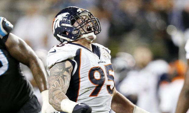 SANTA CLARA, CA - FEBRUARY 07: Derek Wolfe #95 of the Denver Broncos celebrates after a sack in the...