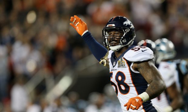 Von Miller #58 of the Denver Broncos reacts while playing against the Carolina Panthers during Supe...