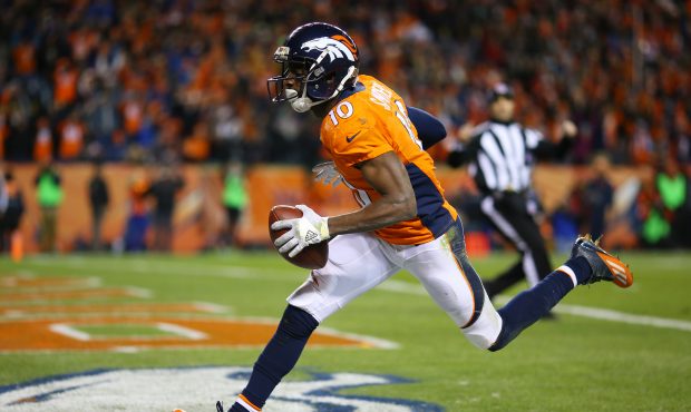 DENVER, CO - NOVEMBER 27:  Wide receiver Emmanuel Sanders #10 of the Denver Broncos catches a touch...