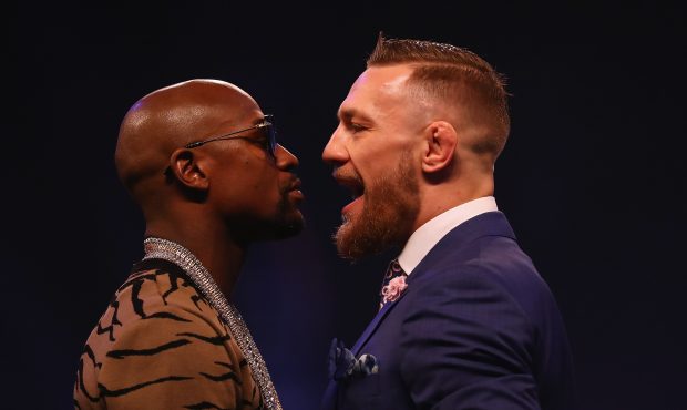 LONDON, ENGLAND - JULY 14:  Floyd Mayweather Jr. and Conor McGregor come face to face during the Fl...