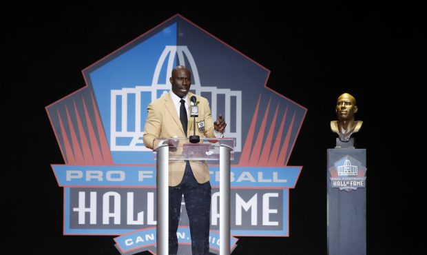 Terrell Davis speaks during the Pro Football Hall of Fame Enshrinement Ceremony at Tom Benson Hall ...
