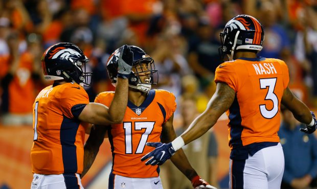 DENVER, CO - AUGUST 26: Wide receiver Hunter Sharp #17 of the Denver Broncos celebrates his third q...