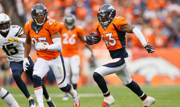 DENVER, CO - OCTOBER 30:  Strong safety T.J. Ward #43 of the Denver Broncos intercepts the ball in ...
