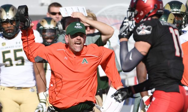 LAS VEGAS, NV - OCTOBER 22:  Head coach Mike Bobo of the Colorado State Rams reacts on the sideline...