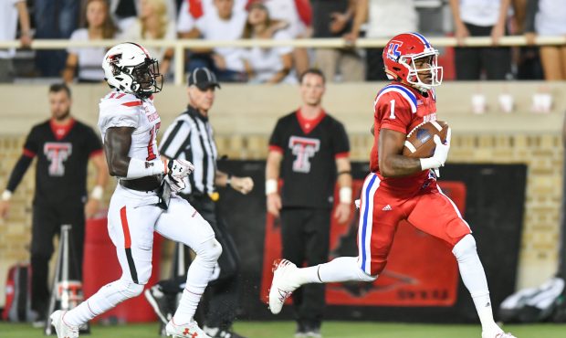 LUBBOCK, TX - SEPTEMBER 17: Wide receiver Carlos Henderson #1 of the Louisiana Tech Bulldogs runs t...
