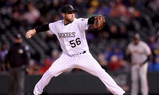 DENVER, CO - APRIL 21:  Greg Holland #56 of the Colorado Rockies closes out the San Francisco Giant...