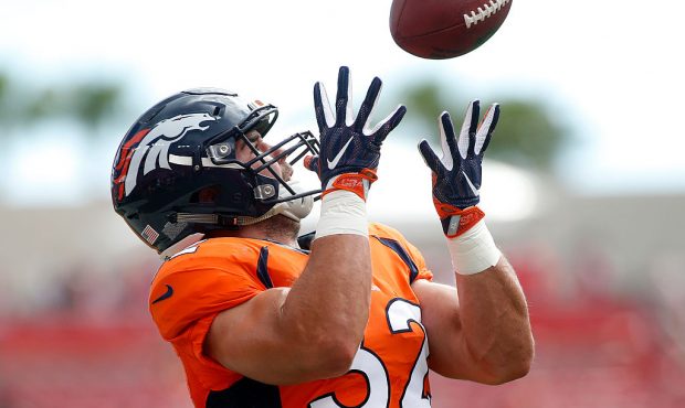 TAMPA, FL - OCTOBER 2:  Fullback Andy Janovich #32 of the Denver Broncos  warms up before the start...