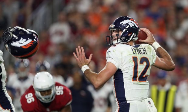 GLENDALE, AZ - SEPTEMBER 01:  Quarterback Paxton Lynch #12 of the Denver Broncos throws a pass duri...
