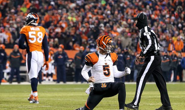 Quarterback AJ McCarron #5 of the Cincinnati Bengals celebrates after throwing a 5-yard first quart...