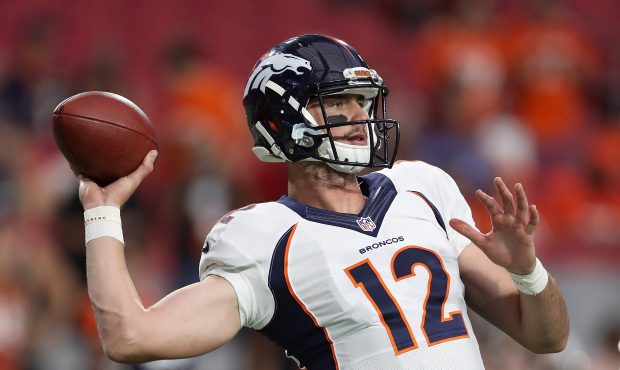 GLENDALE, AZ - SEPTEMBER 01:  Quarterback Paxton Lynch #12 of the Denver Broncos warms up before th...