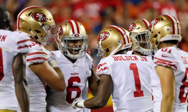 KANSAS CITY, MO - AUGUST 11:  Wide receiver Kendrick Bourne #6 of the San Francisco 49ers is congra...