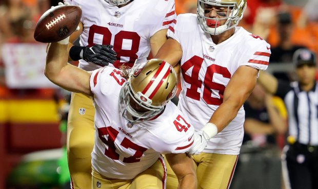 KANSAS CITY, MO - AUGUST 11:  Fullback Tyler McCloskey #47 of the San Francisco 49ers celebrates wi...