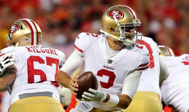 KANSAS CITY, MO - AUGUST 11:  Quarterback Brian Hoyer #2 of the San Francisco 49ers rolls out durin...