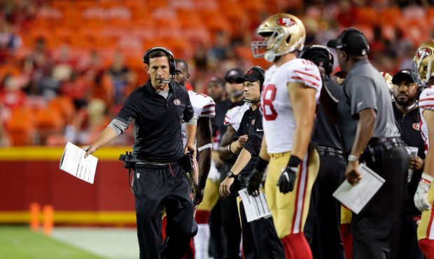 KANSAS CITY, MO - AUGUST 11:  Head coach Kyle Shanahan of the San Francisco 49ers paces the sidelin...