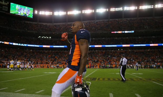 DENVER, CO - NOVEMBER 01:  Aqib Talib #21 celebrates on the sidelines as the clock winds down in th...