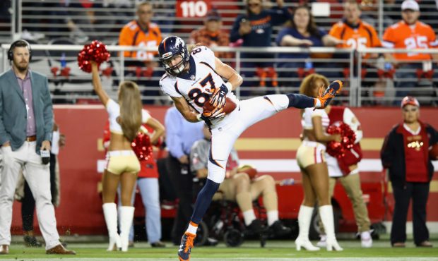 SANTA CLARA, CA - AUGUST 19:  Jordan Taylor #87 of the Denver Broncos catches the ball and then run...