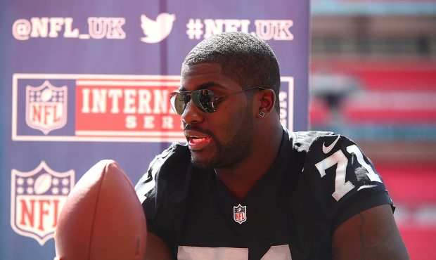 LONDON, ENGLAND - JULY 16: Menelik Watson of Oakland Raiders chats to tv during a NFL Media Day at ...